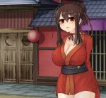  1girl botan_(kunoichi_botan) breasts brown_hair cleavage commentary_request enokifu hair_tie highres japanese_clothes kimono kunoichi_botan large_breasts ninja outdoors red_eyes red_kimono scenery solo string string_around_neck 