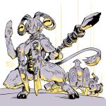  1girl :< breast_curtains breasts commentary_request elden_ring elden_ring_nightreign extra_eyes full_body goat_horns goat_legs goat_tail guardian_(elden_ring) harada_takehito highres holding holding_staff horns ironeye_(elden_ring) large_breasts libra_(elden_ring) limited_palette looking_at_viewer monster_girl raider_(elden_ring) solo_focus staff tail 