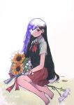  1girl barefoot black_hair flower highres holding kokomi_(aniesuakkaman) lily_of_the_valley long_hair looking_at_viewer mari_(omori) omori sitting smile solo sunflower 