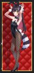  1girl ahoge alternate_costume animal_ear_fluff animal_ears armpits bandaid bandaid_on_cheek bandaid_on_face bandaid_on_leg bare_shoulders black_bow black_bowtie black_hair black_leotard blush bow bowtie braid breasts closed_mouth colored_inner_hair commentary commission covered_navel detached_collar english_commentary erenshu facial_mark fake_animal_ears fake_tail fishnet_pantyhose fishnets full_body gold_border high_heels highres indie_virtual_youtuber leotard long_hair looking_at_viewer multicolored_hair pantyhose pink_hair playboy_bunny pumps rabbit_ears rabbit_pose rabbit_tail raccoon_ears raccoon_girl raccoon_hair_ornament raccoon_tail raki_kazuki second-party_source side_braid small_breasts smile solo sparkle standing strapless strapless_leotard tail virtual_youtuber whisker_markings wrist_cuffs 