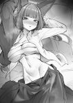  1girl animal_ear_fluff animal_ears blush breasts chest_sarashi clothes_pull commentary fox_ears greenopi greyscale highres hoshimi_miyabi jacket large_breasts long_hair long_sleeves monochrome navel open_clothes open_jacket open_mouth open_shirt sarashi skirt skirt_pull solo sweat weasel_ears zenless_zone_zero 