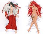 2girls black_hair breasts dakimakura eiwa female highres japanese_clothes large_breasts laying_down long_hair lying miko multiple_girls panties queen&#039;s_blade queen's_blade red_hair risty tattoo tomoe underwear 
