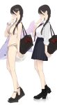  1girl ama_mitsuki bag bare_shoulders bikini black_bag black_hair black_skirt black_socks blush braid breasts brown_eyes closed_mouth collared_shirt commentary_request elbow_carry grey_bikini hair_ornament highres inflatable_shark inflatable_toy long_hair long_sleeves navel necktie original platform_sandals pleated_skirt red_necktie sandals school_bag school_uniform scrunchie shirt shoulder_bag sideboob skirt socks standing swimsuit twin_braids white_shirt wrist_scrunchie 