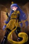  1girl adapted_costume black_bodysuit black_thighhighs blue_eyes blue_hair blush bodysuit brown_shirt brown_shorts collared_shirt commentary_request commission dual_wielding earrings facial_mark gold_headdress hair_ornament hieroglyphics highres holding holding_scepter jewelry key_earrings latex latex_bodysuit latex_shirt latex_shorts latex_thighhighs looking_at_viewer michigami_nareko open_mouth paid_reward_available riretsuto scepter shirt short_sleeves shorts skeb_commission skindentation smile solo sphere_hair_ornament thighhighs touhou triangle triangle_facial_mark usekh_collar variant_set 