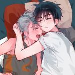  2boys alien_stage black_hair black_tank_top closed_eyes closed_mouth commentary cuddling fang fang_out grey_hair highres ivan_(alien_stage) jeinb174 male_focus multiple_boys open_mouth pillow saliva shirt short_hair sleeping tank_top thick_eyebrows till_(alien_stage) very_short_hair white_shirt yaoi 