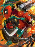  1boy belt belt_buckle bodysuit buckle commentary deadpool deadpool_(series) english_commentary explosion eye_trail glass_shards gun handgun highres holding holding_gun holding_sword holding_weapon katana kitazano_shoichi light_trail marvel marvel_tokon:_fighting_souls mask official_art shell_casing solo superhero_costume sword sword_on_back utility_belt weapon weapon_on_back 