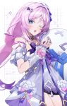  1girl absurdres bare_shoulders blue_eyes blush citlali_(genshin_impact) citlali_(whispers_of_stars_and_smoke)_(genshin_impact) citlalin_(genshin_impact) commentary_request dress fingerless_gloves frills gaba_(gaba_0987) genshin_impact gloves gradient_hair hair_ornament highres long_hair looking_at_viewer mask mask_on_head multicolored_hair one_eye_closed open_mouth partial_commentary pink_hair pink_ribbon purple_hair purple_ribbon ribbon solo standing white_dress white_gloves 