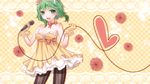  bow dress eyewear_on_head gloves green_eyes green_hair gumi highres looking_at_viewer microphone open_mouth pantyhose short_hair smile solo striped striped_legwear vertical-striped_legwear vertical_stripes vocaloid yayoi_(egoistic_realism) 