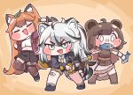  3girls ahoge animal_ear_fluff animal_ears bandages bandaid bandaid_on_leg bear_ears bear_girl beni_(trickcal) black_hair black_jacket black_shoes black_skirt blank_eyes blue_eyes boots brown_boots brown_hair brown_shirt brown_skirt capelet chibi commentary_request fang fish fish_in_mouth food fox_ears fox_tail fur_capelet fur_trim highres holding holding_knife jacket knife leaf leaf_on_head medium_hair multicolored_hair multiple_girls navel orange_hair red_jacket rufo_(trickcal) scabbard sheath shirt shoes simple_background skirt solo streaked_hair suwa_yasai sword tail thighhighs tig_(trickcal) tiger tiger_ears tiger_tail trickcal weapon white_hair white_shirt white_tiger 