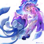  1girl :d absurdres artist_name bare_shoulders blue_eyes braid chinese_commentary commentary_request creature crystal_jellyfish_(roco_kingdom:_world) dated dawenxi_vinci full_body gloves gradient_hair hat highres jellyfish kneehighs long_hair multicolored_hair open_mouth pink_hair pointy_ears purple_eyes purple_gloves purple_hair roco_kingdom roco_kingdom:_world shoes simple_background smile socks white_background witch_hat 