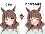  1girl animal_ears aqua_shirt brown_hair commentary drunk ear_ornament hair_ornament hairclip happy highres horse_ears horse_girl jewelry light_hello_(umamusume) lighthalo0324 looking_at_viewer medium_hair multiple_views pendant shirt translated umamusume 