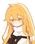  1girl black_vest blonde_hair blush bow braid closed_mouth commentary_request hair_bow highres kirisame_marisa long_hair looking_at_viewer missing_headwear pn62900508 side_braid simple_background single_braid sleepy solo touhou vest white_background white_bow yellow_eyes 