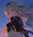  1girl aqua_skirt aqua_thighhighs black_hairband blush commentary cropped_jacket duplicate firefly_(honkai:_star_rail) gradient_eyes green_pupils grey_hair hairband highres honkai:_star_rail honkai_(series) looking_at_viewer multicolored_eyes neckerchief orange_neckerchief pixel-perfect_duplicate skirt smile solo thighhighs two-tone_eyes zeradok 