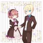  1girl ahoge blonde_hair blue_eyes brown_eyes brown_hair couple gill_(harvest_moon) gothic_lolita hairband harvest_moon harvest_moon_animal_parade hetero holding_hands lolita_fashion lolita_hairband molly_(harvest_moon) nocana 