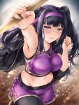  1girl arm_up armpits black_hair black_jacket black_leggings black_sports_bra blunt_bangs blush breasts cheerleader commentary_request crop_top dolphin_shorts fire_emblem fire_emblem_awakening fire_emblem_heroes from_above headband highres holding_baton jacket jacket_on_shoulders kei_(asufend) large_breasts leggings leggings_under_shorts looking_at_viewer looking_up midriff navel official_alternate_costume official_alternate_hairstyle open_mouth purple_headband purple_shirt purple_shorts shirt shorts solo sports_bra tharja_(dour_cheer)_(fire_emblem) tharja_(fire_emblem) twintails 
