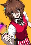  1girl absurdres agnes_tachyon_(umamusume) ahoge animal_ears apron black_eyeliner black_eyeshadow bow bowtie chemical_structure collared_shirt constricted_pupils copyright_name crazy_eyes ear_ornament earrings eyeliner eyeshadow food hand_up highres holding holding_food holding_ice_cream horse_ears horse_girl ice_cream jewelry kfc looking_at_viewer makeup nagai_negi open_mouth pinstripe_pattern red_apron red_bow red_bowtie red_eyes red_vest shirt short_sleeves simple_background single_earring smile solo umamusume vest waist_apron white_shirt yellow_background 