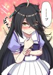  ... 1girl absurdres ahoge animal_ears black_hair blunt_ends blush bow bowtie closed_mouth collarbone commentary_request ear_tag earrings ears_down embarrassed hair_between_eyes highres horse_ears horse_girl jewelry long_bangs long_hair long_hair_between_eyes looking_at_viewer manhattan_cafe_(umamusume) missan_sun motion_lines multicolored_hair pleated_skirt puffy_short_sleeves puffy_sleeves purple_bow purple_bowtie purple_shirt sailor_collar sailor_shirt school_uniform shirt short_sleeves single_earring skirt solo spoken_ellipsis summer_uniform sweat tracen_school_uniform umamusume white_hair white_sailor_collar white_skirt yellow_eyes 