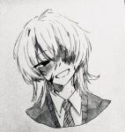  1boy blood blood_on_face blush cardigan dress_shirt greyscale grin liuki_kun medium_hair monochrome necktie one-eyed portrait saihate_eki shirt smile solo tatsunami_shion traditional_media 