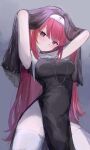  1girl akane_lize arms_up black_dress black_veil breasts closed_mouth commentary cowboy_shot cross cross_necklace dress expressionless grey_background grey_eyes guimpe highres impossible_clothes impossible_dress jewelry large_breasts legs_apart long_hair looking_at_viewer looking_down nari_(nctr0o) necklace nun red_eyes side_slit solo standing stellive straight_hair thighhighs veil very_long_hair virtual_youtuber white_thighhighs 