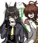  2girls absurdres agnes_tachyon_(tach-nology)_(umamusume) agnes_tachyon_(umamusume) ahoge anger_vein animal_ears annoyed black_eyeliner black_eyeshadow black_gloves black_hair black_necktie black_shirt black_vest brown_hair cat_ears censored coat collared_shirt constricted_pupils cup ear_ornament ear_tag earrings english_text eyeliner eyeshadow flyswatter gloves hair_between_eyes hand_up heart highres hitting holding holding_cup horse_ears horse_girl jewelry lab_coat long_bangs long_hair long_hair_between_eyes long_sleeves makeup manhattan_cafe_(creeping_shadow)_(umamusume) manhattan_cafe_(umamusume) mosaic_censoring mug multicolored_hair multiple_girls nagai_negi necktie open_clothes open_coat open_mouth red_eyes shaded_face shirt short_hair short_necktie simple_background single_earring sleeves_past_fingers sleeves_past_wrists smile steam sweater umamusume upper_body very_long_hair vest white_background white_coat white_hair white_shirt yellow_eyes yellow_necktie yellow_sweater 