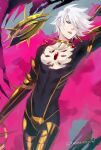 1boy arm_armor armor bare_pectorals black_bodysuit bodysuit cape chest_jewel collar commentary_request cowboy_shot detached_cape earrings eyeshadow eyeshadow_under_eye fate/grand_order fate_(series) gem gold_armor gold_collar holding holding_polearm holding_weapon jewelry karna_(fate) karna_(fate/apocrypha) kavacha_(fate) kundala_(fate) makeup male_focus necklace open_mouth pectorals pink_cape polearm red_eyeshadow red_gem short_hair single_earring solo spiked_collar spikes toboso_yana twitter_username vasavi_shakti_(fate) weapon white_hair 
