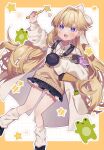  1girl :d armband black_shoes black_skirt blonde_hair blunt_bangs blush border bow brown_sweater_vest coat collared_shirt colored_eyelashes commentary_request erimo_kudryavka feet_out_of_frame frog hair_bow hair_intakes hanasaki_ayame_(artist) highres holding holding_pencil holding_sketchbook indie_virtual_youtuber knees lab_coat loafers long_hair loose_socks miniskirt open_mouth outline pencil petticoat purple_armband purple_eyes rounded_corners safety_pin shirt shoes sidelocks single_sidelock single_sleeve_past_fingers sketchbook skirt sleeves_past_fingers sleeves_past_wrists smile socks solo star_(symbol) sweater_vest virtual_youtuber white_background white_bow white_coat white_outline white_shirt white_socks yellow_border 