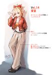  1girl absurdres alternate_costume black_shoes breasts cleavage commentary_request crop_top genshin_impact hand_in_pocket highres jacket navel open_clothes open_jacket orange_jacket pants shoes tokonatsu_(epfm5277) yoimiya_(genshin_impact) 