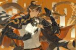  1boy absurdly_long_tail arknights arm_tattoo artist_logo black_coat black_hands brown_hair chongyue_(arknights) clenched_hand coat coat_on_shoulders colored_extremities commentary curtained_hair dated dragon_boy dragon_horns dragon_tail eastern_dragon_horns eastern_dragon_tail fighting_stance grey_streaks highres horns kung_fu logo long_hair low_ponytail male_focus martial_arts multicolored_hair pointy_ears ponytail profile red_eyes rerebrace shirt sleeveless sleeveless_shirt solo streaked_hair tail tattoo upper_body very_long_tail white_shirt you_yeyou0904 