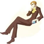  1boy ascot brown_hair brown_suit commentary_request crossed_legs formal_clothes gin_(oyoyo) hand_on_own_chin head_rest invisible_chair male_focus muska simple_background sitting solo suit sunglasses tenkuu_no_shiro_laputa white_background 