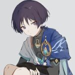  1boy anemo_symbol_(genshin_impact) armor black_bodysuit black_hair blue_cape blue_gem blue_kimono blue_sleeves blunt_ends bodysuit bridal_gauntlets cape choppy_bangs closed_mouth commentary eyeliner furisode gem genshin_impact gold gold_ring grey_bridal_gauntlets greyscale hands_on_own_thighs japanese_armor japanese_clothes juban kimono kosokawa kote kurokote layered_sleeves looking_at_viewer makeup male_focus mandarin_collar middle_ring monochrome open_clothes open_kimono pom_pom_(clothes) purple_eyes red_eyeliner scaramouche_(genshin_impact) short_sleeves shoulder_peek side_cape sitting sketch solo untranslatable_commentary vision_(genshin_impact) wanderer_(genshin_impact) white_kimono white_sleeves white_trim 