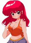  1girl alternate_hair_length_(longer) alternate_hairstyle bare_shoulders blue_eyes blue_pants blunt_bangs breasts cleavage closed_mouth collarbone commentary cowboy_shot crop_top dot_nose long_hair looking_at_viewer medium_breasts midriff navel pants ranma_1/2 red_hair red_tank_top sanamaru_(sana79261827) saotome_ranma saotome_ranma_(female) simple_background smile solo strap_slip tank_top white_background 