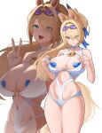  1girl animal_ears blonde_hair breasts choker commentary eyes_visible_through_hair goggles goggles_on_head green_eyes hair_intakes hair_over_one_eye heart heart_pasties heut highres horse_ears horse_girl horse_tail large_breasts multiple_views navel official_alternate_costume one-piece_swimsuit open_mouth pasties ponytail purple-tinted_eyewear sigrid_de_l'azur sigrid_de_l'azur_(majestic_wavechaser) simple_background smile swim_goggles swimsuit tail tinted_eyewear tongue tongue_out v white_background white_one-piece_swimsuit zenless_zone_zero 