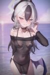  1girl absurdres bare_legs bikini black_bikini black_choker black_hair black_horns black_wings blue_archive blush breasts choker commentary cowboy_shot ear_ornament gradient_hair grey_halo grin hair_between_eyes halo highres horns kayoko_(blue_archive) kayoko_(tsutaya)_(blue_archive) long_hair looking_at_viewer mellow_(srpp4843) multicolored_hair ocean official_alternate_costume red_eyes see-through_clothes see-through_shirt shirt side_slit single_wing sky smile solo standing strapless strapless_shirt sun swimsuit two-tone_hair untranslatable_commentary white_hair wings 