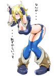  angel_(kof) angel_(kof)_(cosplay) bent_over blonde_hair blue_eyes blush boots breasts cleavage cosplay hair_over_one_eye jormungand large_breasts schokolade short_hair shuryoudan_bunny-bu sleeves_rolled_up solo the_king_of_fighters translated 