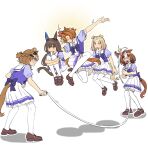  5girls @_@ absurdres admire_vega_(umamusume) agay1996 animal_ears black_hair blonde_hair brown_hair brown_shoes clumsy commentary_request ears_down head_bump highres horse_ears horse_girl jump_rope jumping jungle_pocket_(umamusume) kneehighs meisho_doto_(umamusume) motion_blur multiple_girls narita_top_road_(umamusume) orange_hair school_uniform shoes skirt socks summer_uniform t.m._opera_o_(umamusume) tail tracen_school_uniform umamusume uvula white_background white_skirt 