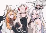  4girls asmoday_(genshin_impact) bare_shoulders black_dress black_gloves blonde_hair blush braid camera closed_mouth commentary dress eye_hair_ornament fingernails genshin_impact gloves gradient_hair hair_between_eyes hair_intakes hair_ornament highres holding holding_camera hood hood_up istaroth_(genshin_impact) long_fingernails long_hair looking_at_viewer multicolored_hair multiple_girls one_eye_closed parted_lips rhinedottir_(genshin_impact) ronova_(genshin_impact) sharp_fingernails side_ahoge simple_background speech_bubble suisan_0105 thumbs_up translation_request twitter_username untranslatable_commentary v white_background white_hair white_hood yellow_eyes 