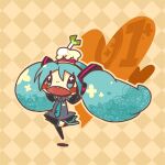  1girl aqua_eyes aqua_hair chef_hat chibi commentary_request detached_sleeves gin_(oyoyo) hat hatsune_miku ievan_polkka_(vocaloid) long_hair miku_day necktie open_mouth skirt solo spring_onion thighhighs twintails very_long_hair vocaloid 