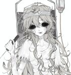  1girl absurdres black_eyes black_lips colored_skin eyelashes galatea_claude grey_hair highres identity_v intravenous_drip lipstick luvmi3rie makeup skinny smeared_lipstick smile solo stitched_neck stitches wavy_hair wheelchair white_skin 