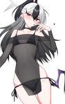  1girl absurdres bikini black_bikini black_choker black_hair black_horns black_wings blue_archive breasts choker collarbone commentary_request cowboy_shot ear_ornament gradient_hair grey_halo hair_between_eyes hair_ornament hairclip halo highres horns isocha kayoko_(blue_archive) kayoko_(tsutaya)_(blue_archive) long_hair multicolored_hair official_alternate_costume open_mouth purple_wings red_eyes see-through_clothes see-through_shirt shirt side_slit simple_background single_wing small_breasts solo strapless strapless_shirt swimsuit two-tone_hair white_background white_hair wings 
