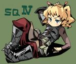  1girl armor armored_boots belt belt_pouch blonde_hair blue_eyes blush_stickers bodysuit boots brown_belt brown_bodysuit closed_mouth commentary_request fortress_(sekaiju) fortress_2_(sekaiju) green_background hand_on_own_head motatsuki pants pouch red_pants sekaiju_no_meikyuu sekaiju_no_meikyuu_4 shadow simple_background solo twintails v-shaped_eyebrows 