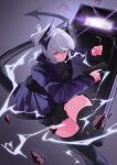  1girl absurdres arknights backlighting black_shirt black_skirt black_thighhighs blue_jacket brown_eyes commentary_request dragon_girl dragon_horns dragon_tail electricity grey_background grey_hair gun handgun highres holding holding_gun holding_shield holding_weapon horns jacket liskarm_(arknights) long_sleeves maf_clothes medium_hair open_clothes open_jacket ponytail shield shirt simple_background skindentation skirt solo tail thighhighs thighs weapon 