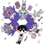  +_+ 2girls 4boys antenna_hair aubrey_(headspace)_(omori) aubrey_(omori) ball barefoot basil_(headspace)_(omori) basil_(omori) black_eyes black_hair black_socks black_tank_top blue_shirt book bow bright_pupils brother_and_sister brothers checkered_clothes chibi chibi_only closed_eyes closed_mouth collared_shirt commentary_request double-parted_bangs expressionless flower flower_wreath green_eyes green_hair green_shirt grin hair_between_eyes hair_bow head_wreath heighttt1991191 hero_(headspace)_(omori) hero_(omori) highres kel_(headspace)_(omori) kel_(omori) knife long_hair long_shirt long_sleeves looking_at_viewer mari_(headspace)_(omori) mari_(omori) multiple_boys multiple_girls neckerchief omori omori_(omori) open_mouth pajamas pants picnic_basket pink_bow purple_eyes purple_hair purple_shorts purple_sweater_vest red_neckerchief red_skirt shirt short_hair short_sleeves shorts siblings sidelocks simple_background skirt smile socks spatula striped_clothes striped_pajamas striped_pants striped_shorts sweater_vest t-shirt tank_top teeth vertical-striped_clothes vertical-striped_pajamas vertical-striped_pants vertical-striped_shorts white_background white_pupils white_shirt white_shorts 