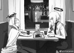  2girls belt biohazard_symbol bufu_(false_memory) burger chinese_commentary closed_mouth commentary_request cup curtains disposable_cup earrings false_memory fast_food food french_fries fur_trim halo indoors jewelry ketchup looking_at_another multiple_girls open_mouth pants pointy_ears qian_jun_(false_memory) sitting smile thick_eyebrows tray watermark weibo_username weibo_watermark white_hair window yya0ann 