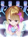  1girl 4boys absurdres black_background black_eyes blonde_hair bruise bruise_on_face c: dancer dreamoon-q from_above hair_ornament highres holding holding_microphone idol_rena injury looking_at_viewer microphone multiple_boys pink_shirt rhythm_tengoku rhythm_tengoku_miracle_stars see-through_clothes see-through_skirt shirt short_hair short_sleeves skirt smile space_dancers star_(symbol) star_hair_ornament 