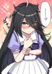  ... 1girl absurdres ahoge animal_ears black_hair blunt_ends blush bow bowtie closed_mouth collarbone commentary_request ear_tag earrings ears_down embarrassed hair_between_eyes highres horse_ears horse_girl jewelry long_bangs long_hair long_hair_between_eyes looking_at_viewer manhattan_cafe_(umamusume) missan_sun motion_lines multicolored_hair pleated_skirt puffy_short_sleeves puffy_sleeves purple_bow purple_bowtie purple_shirt sailor_collar sailor_shirt school_uniform shirt short_sleeves single_earring skirt solo spoken_ellipsis summer_uniform sweat tracen_school_uniform umamusume white_hair white_sailor_collar white_skirt yellow_eyes 