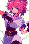  1girl bike_shorts black_gloves black_shorts blue_eyes breasts commentary_request cowboy_shot fingerless_gloves gloves hair_between_eyes hands_up highres hunter_x_hunter japanese_clothes looking_at_viewer machi_komacine medium_breasts medium_hair messy_hair ninja obi obijime pink_hair sanamaru_(sana79261827) sash short_sleeves shorts simple_background solo string white_background wide_ponytail 