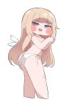  1girl absurdres ass bare_arms bikini blonde_hair blue_eyes blush blush_stickers breasts chibi chibi_only commentary_request epfht0 full_body highres korean_commentary long_hair looking_at_viewer ner_(trickcal) open_mouth puffy_cheeks sexualized_chibi simple_background smile solo swimsuit trickcal very_long_hair white_background white_bikini wings 