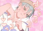  1boy alien_stage beanie brown_hat closed_mouth commentary fingers_to_cheeks green_eyes grey_hair hat heart highres male_focus pink_background pome_memen short_hair solo till_(alien_stage) translation_request very_short_hair 