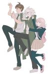  1girl 2boys absurdres ahoge animal_bag arm_up bag breasts brown_hair brown_skirt cat_bag collared_shirt commentary danganronpa_(series) danganronpa_2:_goodbye_despair fighting_stance flipped_hair green_jacket grey_hair hair_between_eyes hair_ornament highres hikom42811 hinata_hajime hood hooded_jacket jacket komaeda_nagito long_sleeves medium_hair messy_hair multiple_boys nanami_chiaki neck_ribbon necktie open_clothes open_jacket open_mouth pants pink_bag pink_eyes pink_ribbon pleated_skirt ribbon shirt skirt smile thighhighs two-tone_shirt untranslatable_commentary white_hair white_shirt yotsubato!_pose 