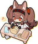  1girl angelina_(arknights) angelina_the_mellow_wish_(arknights) animal_ear_fluff animal_ears arknights artist_request black_collar black_gloves black_hairband box brown_hair cardboard_box chibi chibi_only closed_mouth collar dress drop_shadow fox_ears fox_girl full_body gloves hair_between_eyes hairband infection_monitor_(arknights) long_hair long_sleeves official_art paper scissors second-party_source simple_background smile solo sticker_(medium) table tape transparent_background twintails white_dress 
